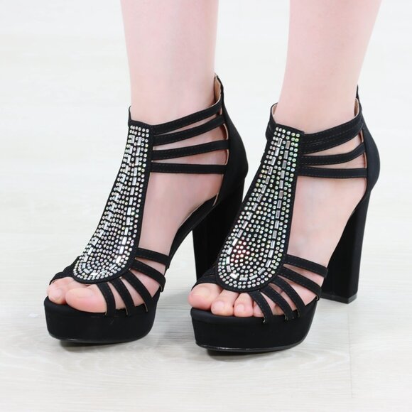 Black Rhinestone T-Strap Platform Sandals Women’s Block Heel Evening Party Shoes - Picture 9 of 16